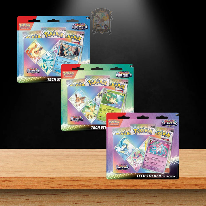 Pokemon Prismatic Evolutions Tech Sticker Collection Display