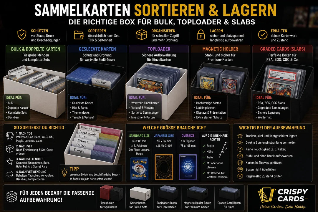 Sammelkarten sortieren: Boxen für Bulk, Toploader & Slabs