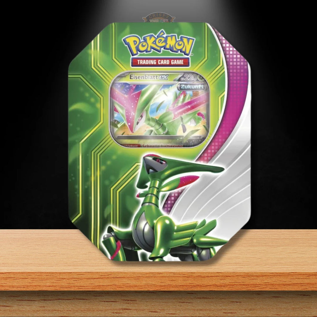 Pokémon Eisenblatt Tin mit exklusivem Promo-Pokémon und stylischem Design für Sammler und Spieler.