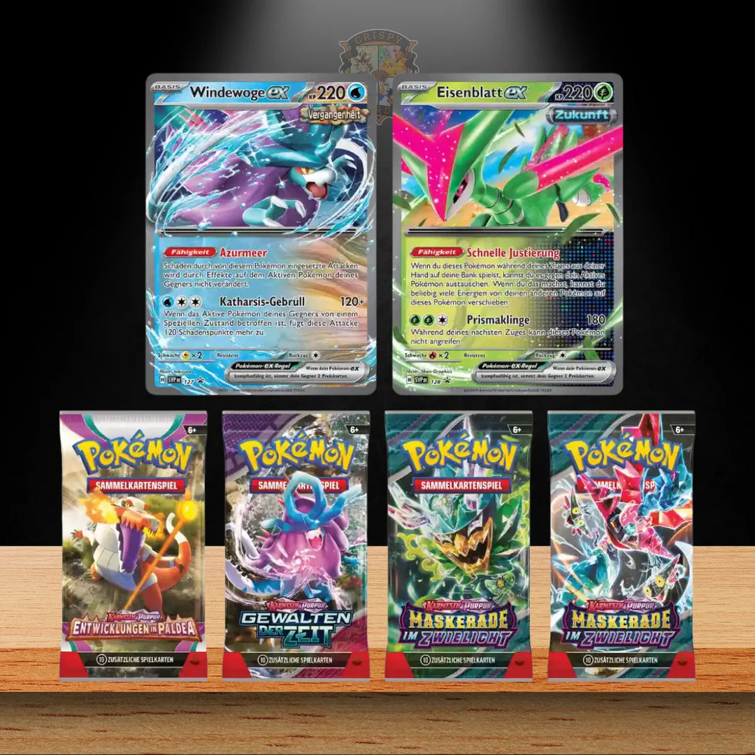 Pokémon Eisenblatt Tin mit Windewoge GX und Booster-Packs im Sammler-Design für Pokémon-Fans.