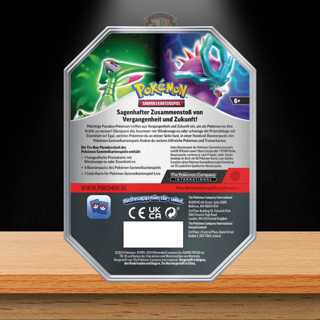 Pokémon Eisenblatt Tin - Rückseite mit Informationen zu Sammelkarten und Pokémon-Power.