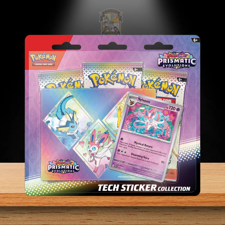 Pokemon Prismatic Evolutions Tech Sticker Collection Display