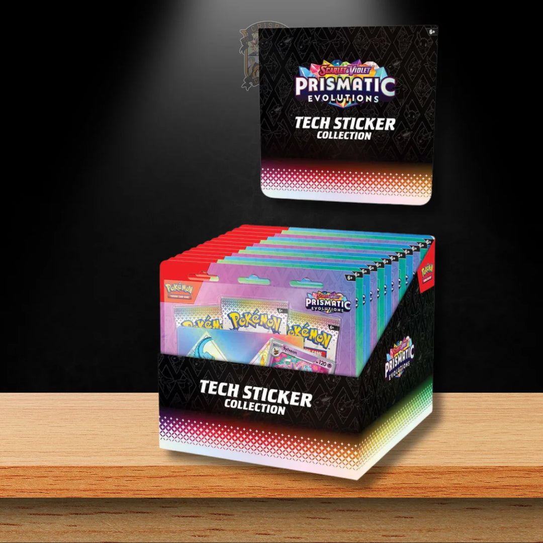 Pokemon Prismatic Evolutions Tech Sticker Collection Display