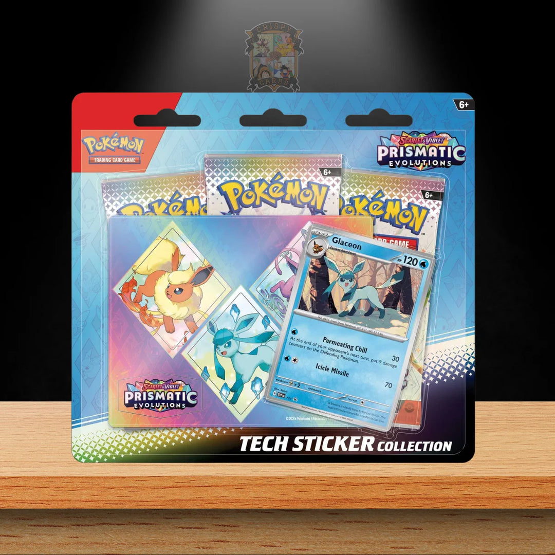 Pokemon Prismatic Evolutions Tech Sticker Collection Display